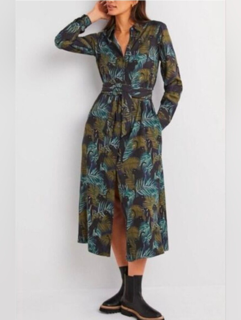 Boden Black Midi Shirt Dress with Teal and Olive Tropical Print - Size 14R